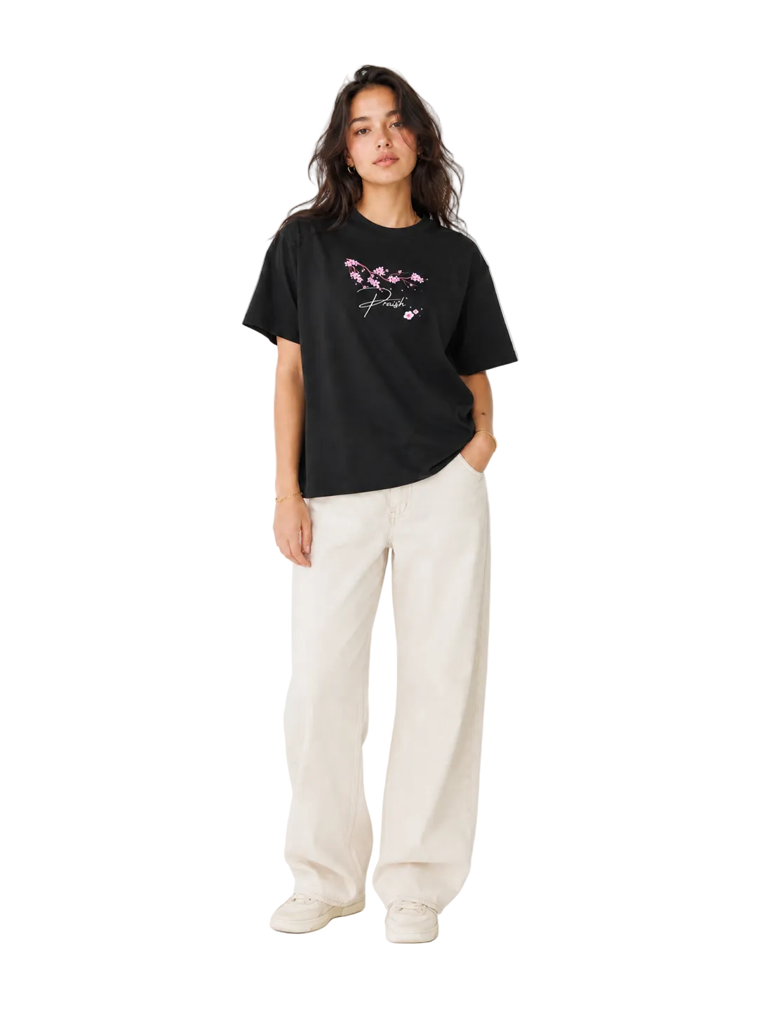 mowearing a black t-shirt with a floral design and white pants on a white background | PRAISH premium streetwear clothing